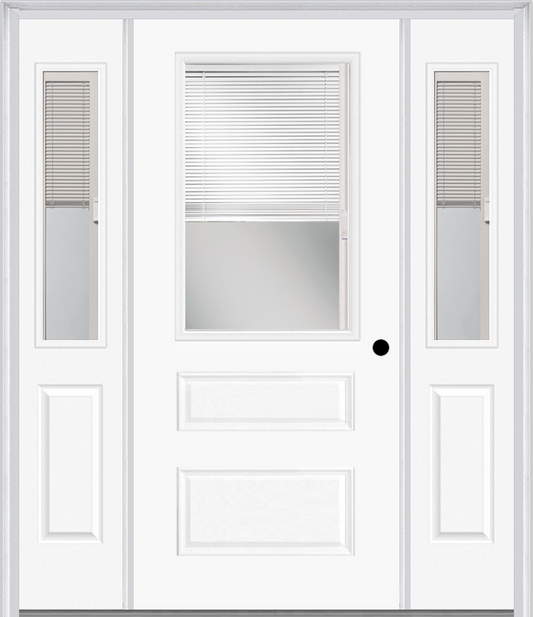 MMI 1/2 LITE HORIZONTAL 2 PANEL RAISE/LOWER BLINDS 3'0" X 6'8" FIBERGLASS SMOOTH EXTERIOR PREHUNG DOOR WITH 2 HALF LITE RAISE/LOWER BLINDS CLEAR GLASS SIDELIGHTS 631 RLB 692 RLB