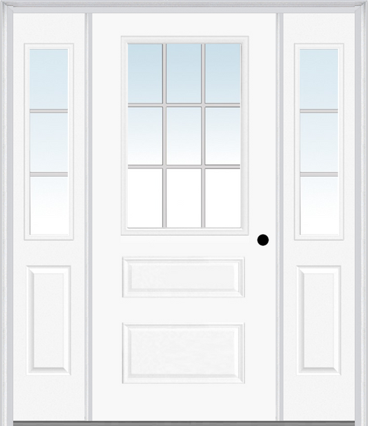 MMI 1/2 LITE HORIZONTAL 2 PANEL 3'0" X 6'8" FIBERGLASS SMOOTH WHITE GRILLES BETWEEN GLASS EXTERIOR PREHUNG DOOR WITH 2 HALF LITE WHITE GRILLES BETWEEN GLASS SIDELIGHTS 631 GBG 692 GBG