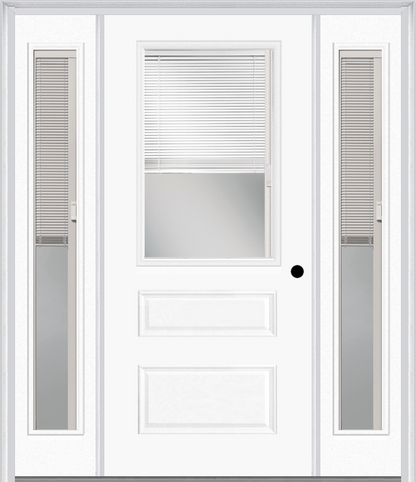 MMI 1/2 LITE HORIZONTAL 2 PANEL RAISE/LOWER BLINDS 3'0" X 6'8" FIBERGLASS SMOOTH EXTERIOR PREHUNG DOOR WITH 2 FULL LITE RAISE/LOWER BLINDS CLEAR GLASS SIDELIGHTS 631 RLB 690 RLB