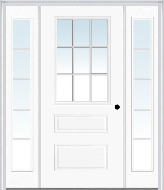 MMI 1/2 LITE HORIZONTAL 2 PANEL 3'0" X 6'8" FIBERGLASS SMOOTH EXTERIOR PREHUNG DOOR WITH 2 FULL LITE WHITE GRILLES BETWEEN GLASS SIDELIGHTS 631 GBG 690 GBG