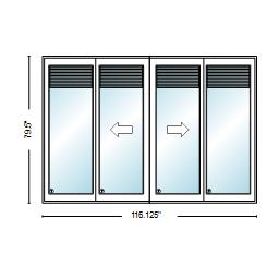 PELLA 116.125" X 79.5" LIFESTYLE SERIES CONTEMPORARY 4 PANEL OXXO HINGED GLASS WITH MANUAL BLINDS/SHADES ADVANCED LOW-E INSULATING TEMPERED ARGON FILL GLASS ASSEMBLED SLIDING/GLIDING PATIO DOOR SCREEN OPTION