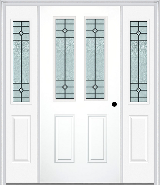 MMI 2-1/2 LITE 2 PANEL 6'8" FIBERGLASS SMOOTH BEAUFORT PATINA EXTERIOR PREHUNG DOOR WITH 2 HALF LITE BEAUFORT PATINA DECORATIVE GLASS SIDELIGHTS 692