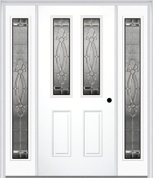 MMI 2-1/2 LITE 2 PANEL 6'8" FIBERGLASS SMOOTH BELAIRE ZINC EXTERIOR PREHUNG DOOR WITH 2 FULL LITE BELAIRE ZINC DECORATIVE GLASS SIDELIGHTS 692