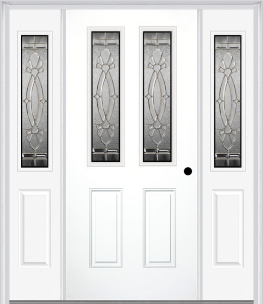 MMI 2-1/2 LITE 2 PANEL 6'8" FIBERGLASS SMOOTH BELAIRE ZINC EXTERIOR PREHUNG DOOR WITH 2 HALF LITE BELAIRE ZINC DECORATIVE GLASS SIDELIGHTS 692