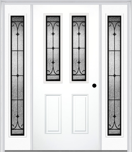 MMI 2-1/2 LITE 2 PANEL 6'8" FIBERGLASS SMOOTH CHATEAU WROUGHT IRON EXTERIOR PREHUNG DOOR WITH 2 FULL LITE CHATEAU WROUGHT IRON DECORATIVE GLASS SIDELIGHTS 692