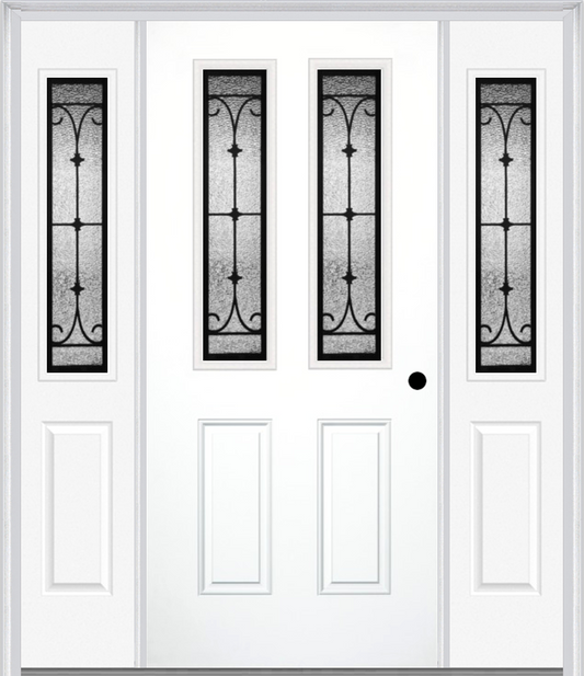 MMI 2-1/2 LITE 2 PANEL 6'8" FIBERGLASS SMOOTH CHATEAU WROUGHT IRON EXTERIOR PREHUNG DOOR WITH 2 HALF LITE CHATEAU WROUGHT IRON DECORATIVE GLASS SIDELIGHTS 692