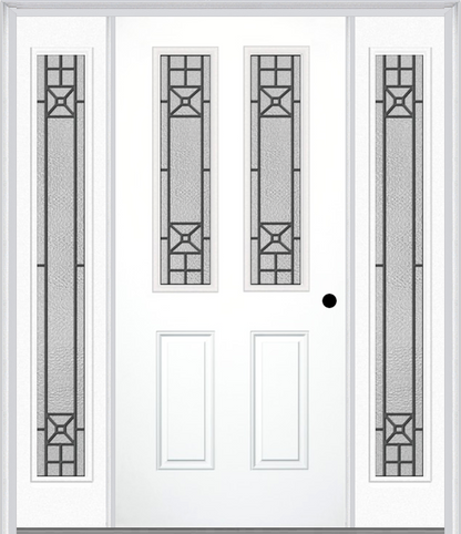 MMI 2-1/2 LITE 2 PANEL 6'8" FIBERGLASS SMOOTH COURTYARD NICKEL VEIN WROUGHT IRON EXTERIOR PREHUNG DOOR WITH 2 FULL LITE COURTYARD NICKEL VEIN WROUGHT IRON DECORATIVE GLASS SIDELIGHTS 692