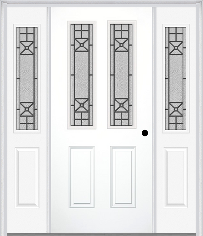 MMI 2-1/2 LITE 2 PANEL 6'8" FIBERGLASS SMOOTH COURTYARD NICKEL VEIN WROUGHT IRON EXTERIOR PREHUNG DOOR WITH 2 HALF LITE COURTYARD NICKEL VEIN WROUGHT IRON DECORATIVE GLASS SIDELIGHTS 692