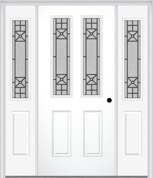 MMI 2-1/2 LITE 2 PANEL 6'8" FIBERGLASS SMOOTH COURTYARD NICKEL VEIN WROUGHT IRON EXTERIOR PREHUNG DOOR WITH 2 HALF LITE COURTYARD NICKEL VEIN WROUGHT IRON DECORATIVE GLASS SIDELIGHTS 692