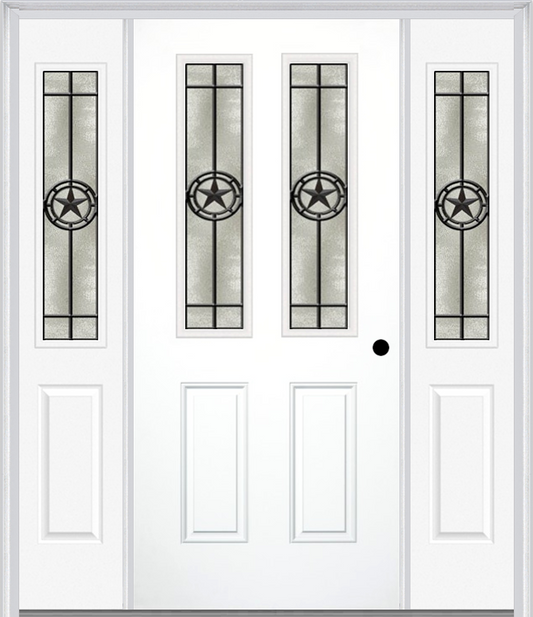 MMI 2-1/2 LITE 2 PANEL 6'8" FIBERGLASS SMOOTH ELEGANT STAR WROUGHT IRON EXTERIOR PREHUNG DOOR WITH 2 HALF LITE ELEGANT STAR WROUGHT IRON DECORATIVE GLASS SIDELIGHTS 692