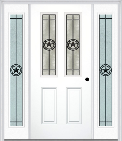 MMI 2-1/2 LITE 2 PANEL 6'8" FIBERGLASS SMOOTH ELEGANT STAR WROUGHT IRON EXTERIOR PREHUNG DOOR WITH 2 FULL LITE ELEGANT STAR WROUGHT IRON DECORATIVE GLASS SIDELIGHTS 692