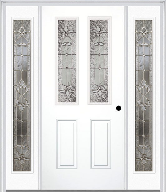 MMI 2-1/2 LITE 2 PANEL 6'8" FIBERGLASS SMOOTH EXPRESSIONS SATIN NICKEL EXTERIOR PREHUNG DOOR WITH 2 FULL LITE EXPRESSIONS SATIN NICKEL DECORATIVE GLASS SIDELIGHTS 692