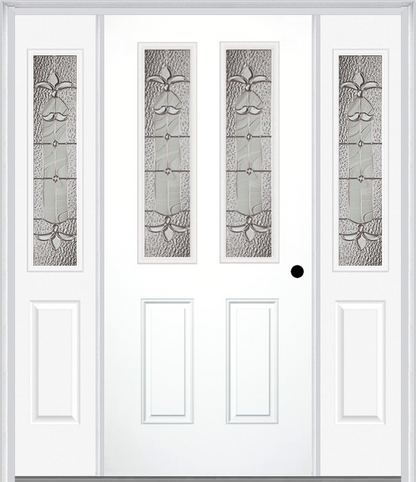 MMI 2-1/2 LITE 2 PANEL 6'8" FIBERGLASS SMOOTH EXPRESSIONS SATIN NICKEL EXTERIOR PREHUNG DOOR WITH 2 HALF LITE EXPRESSIONS SATIN NICKEL DECORATIVE GLASS SIDELIGHTS 692