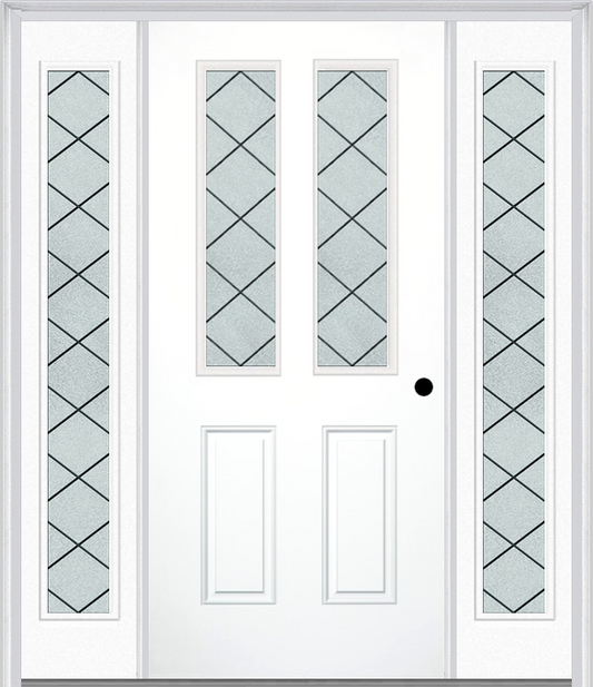 MMI 2-1/2 LITE 2 PANEL 6'8" FIBERGLASS SMOOTH HARRIS PATINA EXTERIOR PREHUNG DOOR WITH 2 FULL LITE HARRIS PATINA DECORATIVE GLASS SIDELIGHTS 692