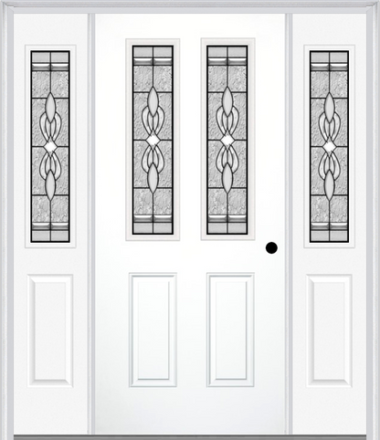 MMI 2-1/2 LITE 2 PANEL 6'8" FIBERGLASS SMOOTH JAMESTOWN PATINA EXTERIOR PREHUNG DOOR WITH 2 HALF LITE JAMESTOWN PATINA DECORATIVE GLASS SIDELIGHTS 692