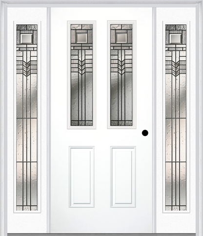 MMI 2-1/2 LITE 2 PANEL 6'8" FIBERGLASS SMOOTH OAK PARK PATINA EXTERIOR PREHUNG DOOR WITH 2 FULL LITE OAK PARK PATINA DECORATIVE GLASS SIDELIGHTS 692