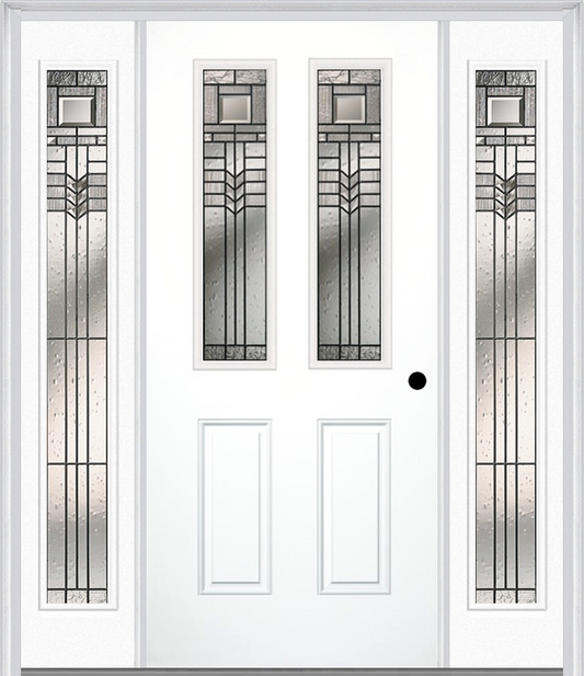 MMI 2-1/2 LITE 2 PANEL 6'8" FIBERGLASS SMOOTH OAK PARK PATINA EXTERIOR PREHUNG DOOR WITH 2 FULL LITE OAK PARK PATINA DECORATIVE GLASS SIDELIGHTS 692