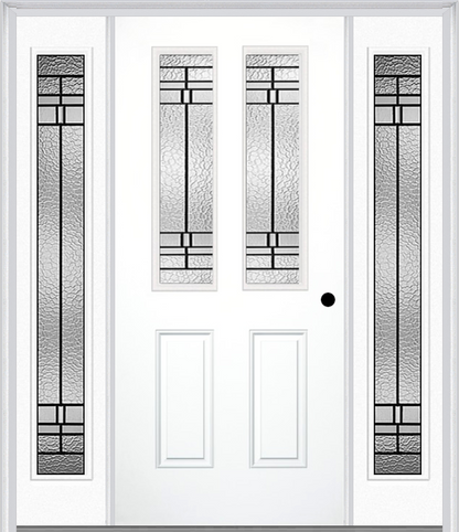 MMI 2-1/2 LITE 2 PANEL 6'8" FIBERGLASS SMOOTH PEMBROOK PATINA EXTERIOR PREHUNG DOOR WITH 2 FULL LITE PEMBROOK PATINA DECORATIVE GLASS SIDELIGHTS 692