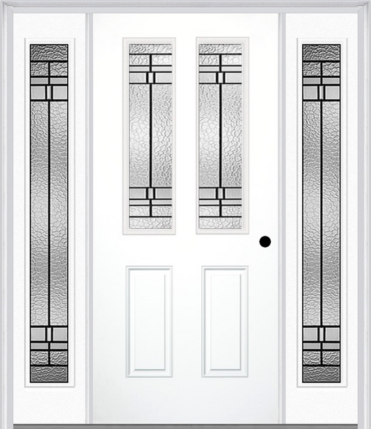 MMI 2-1/2 LITE 2 PANEL 6'8" FIBERGLASS SMOOTH PEMBROOK PATINA EXTERIOR PREHUNG DOOR WITH 2 FULL LITE PEMBROOK PATINA DECORATIVE GLASS SIDELIGHTS 692