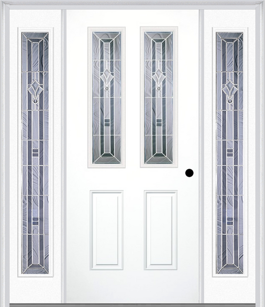 MMI 2-1/2 LITE 2 PANEL 6'8" FIBERGLASS SMOOTH RADIANT HUES NICKEL EXTERIOR PREHUNG DOOR WITH 2 FULL LITE RADIANT HUES NICKEL DECORATIVE GLASS SIDELIGHTS 692