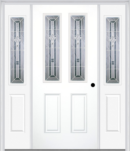 MMI 2-1/2 LITE 2 PANEL 6'8" FIBERGLASS SMOOTH RADIANT HUES NICKEL EXTERIOR PREHUNG DOOR WITH 2 HALF LITE RADIANT HUES NICKEL DECORATIVE GLASS SIDELIGHTS 692