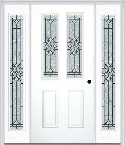 MMI 2-1/2 LITE 2 PANEL 6'8" FIBERGLASS SMOOTH SELWYN PATINA EXTERIOR PREHUNG DOOR WITH 2 FULL LITE SELWYN PATINA DECORATIVE GLASS SIDELIGHTS 692