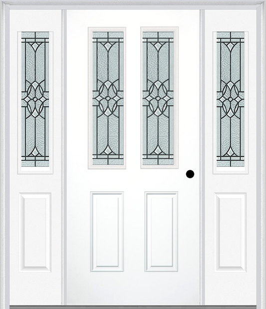 MMI 2-1/2 LITE 2 PANEL 6'8" FIBERGLASS SMOOTH SELWYN PATINA EXTERIOR PREHUNG DOOR WITH 2 HALF LITE SELWYN PATINA DECORATIVE GLASS SIDELIGHTS 692