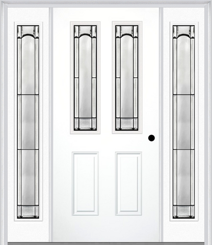 MMI 2-1/2 LITE 2 PANEL 6'8" FIBERGLASS SMOOTH SOLEIL PATINA EXTERIOR PREHUNG DOOR WITH 2 FULL LITE SOLEIL PATINA DECORATIVE GLASS SIDELIGHTS 692