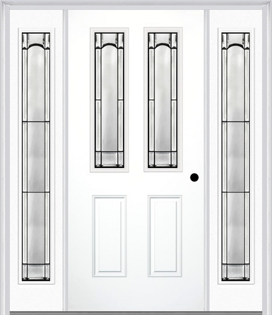 MMI 2-1/2 LITE 2 PANEL 6'8" FIBERGLASS SMOOTH SOLEIL PATINA EXTERIOR PREHUNG DOOR WITH 2 FULL LITE SOLEIL PATINA DECORATIVE GLASS SIDELIGHTS 692