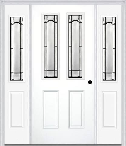 MMI 2-1/2 LITE 2 PANEL 6'8" FIBERGLASS SMOOTH SOLEIL PATINA EXTERIOR PREHUNG DOOR WITH 2 HALF LITE SOLEIL PATINA DECORATIVE GLASS SIDELIGHTS 692