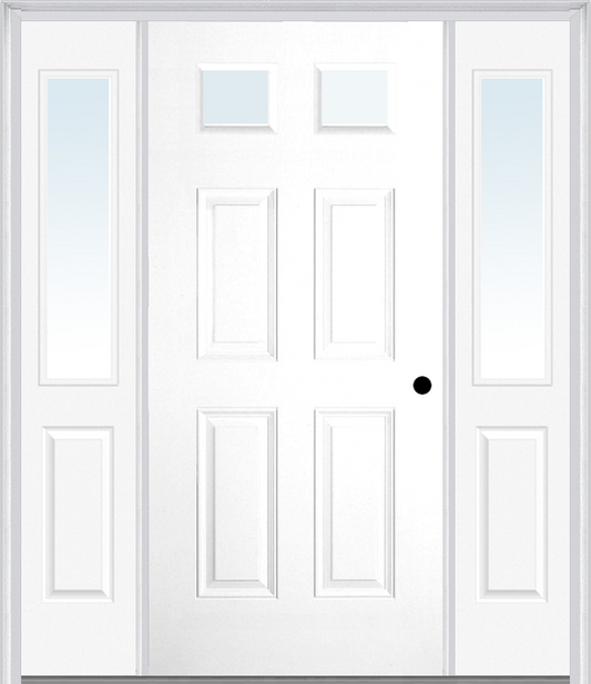 MMI 2-1/4 LITE 4 PANEL 3'0" X 6'8" FIBERGLASS SMOOTH EXTERIOR PREHUNG DOOR WITH 2 HALF LITE CLEAR GLASS SIDELIGHTS 23