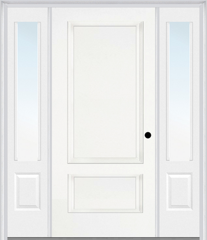 MMI 2 PANEL 3'0" X 6'8" FIBERGLASS SMOOTH EXTERIOR PREHUNG DOOR WITH 2 CLEAR GLASS 3/4 LITE SIDELIGHTS 110