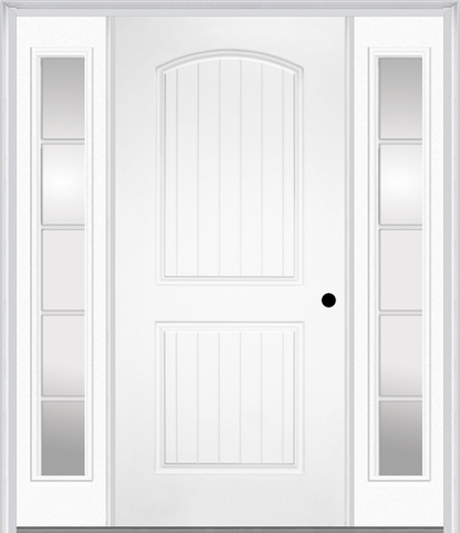 MMI 2 PANEL ARCH PLANKED 3'0" X 6'8" FIBERGLASS SMOOTH EXTERIOR PREHUNG DOOR WITH 2 FULL LITE SDL GRILLES GLASS SIDELIGHTS 200