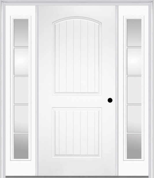 MMI 2 PANEL ARCH PLANKED 3'0" X 6'8" FIBERGLASS SMOOTH EXTERIOR PREHUNG DOOR WITH 2 FULL LITE SDL GRILLES GLASS SIDELIGHTS 200