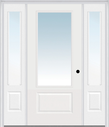 MMI 3/4 LITE 1 PANEL 3'0" X 6'8" FIBERGLASS SMOOTH EXTERIOR PREHUNG DOOR WITH 2 CLEAR 3/4 LITE GLASS SIDELIGHTS 608