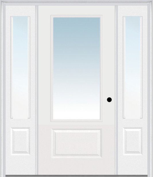 MMI 3/4 LITE 1 PANEL 3'0" X 6'8" FIBERGLASS SMOOTH EXTERIOR PREHUNG DOOR WITH 2 CLEAR 3/4 LITE GLASS SIDELIGHTS 608