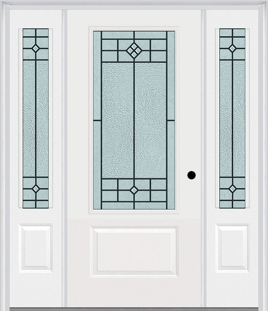 MMI 3/4 LITE 1 PANEL 6'8" FIBERGLASS SMOOTH BEAUFORT PATINA EXTERIOR PREHUNG DOOR WITH 2 BEAUFORT PATINA 3/4 LITE DECORATIVE GLASS SIDELIGHTS 608