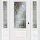 MMI 3/4 LITE 1 PANEL 6'8" FIBERGLASS SMOOTH EXPRESSIONS SATIN NICKEL EXTERIOR PREHUNG DOOR WITH 2 EXPRESSIONS SATIN NICKEL 3/4 LITE DECORATIVE GLASS SIDELIGHTS 608