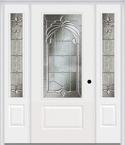 MMI 3/4 LITE 1 PANEL 6'8" FIBERGLASS SMOOTH EXPRESSIONS SATIN NICKEL EXTERIOR PREHUNG DOOR WITH 2 EXPRESSIONS SATIN NICKEL 3/4 LITE DECORATIVE GLASS SIDELIGHTS 608