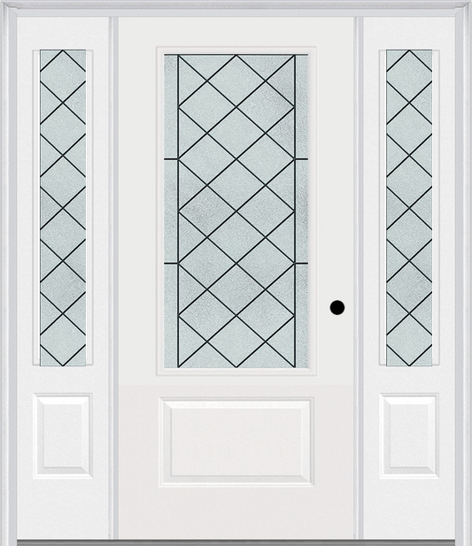 MMI 3/4 LITE 1 PANEL 6'8" FIBERGLASS SMOOTH HARRIS PATINA EXTERIOR PREHUNG DOOR WITH 2 HARRIS PATINA 3/4 LITE DECORATIVE GLASS SIDELIGHTS 608