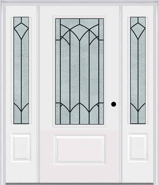 MMI 3/4 LITE 1 PANEL 6'8" FIBERGLASS SMOOTH MONTCLAIRE WROUGHT IRON EXTERIOR PREHUNG DOOR WITH 2 MONTCLAIRE WROUGHT IRON 3/4 LITE DECORATIVE GLASS SIDELIGHTS 608