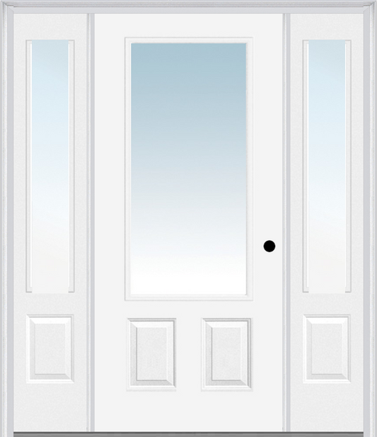 MMI 3/4 LITE 2 PANEL 3'0" X 6'8" FIBERGLASS SMOOTH EXTERIOR PREHUNG DOOR WITH 2 CLEAR 3/4 LITE GLASS SIDELIGHTS 147