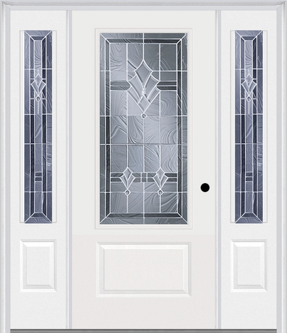 MMI 3/4 LITE 1 PANEL 6'8" FIBERGLASS SMOOTH RADIANT HUES NICKEL EXTERIOR PREHUNG DOOR WITH 2 RADIANT HUES NICKEL 3/4 LITE DECORATIVE GLASS SIDELIGHTS 608