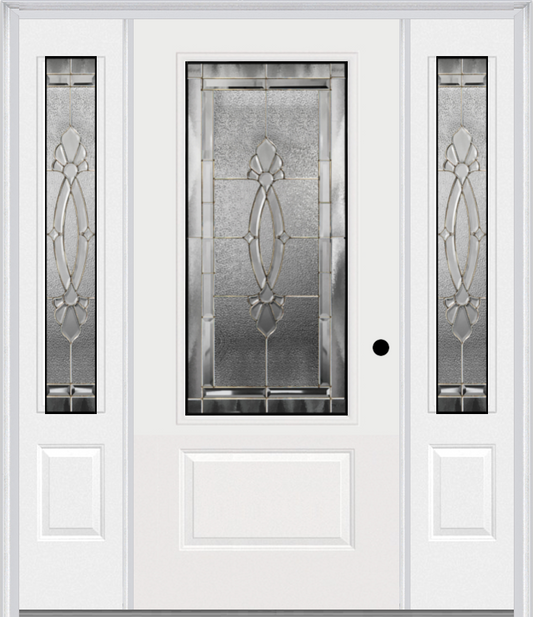 MMI 3/4 LITE 1 PANEL 6'8" FIBERGLASS SMOOTH BELAIRE ZINC EXTERIOR PREHUNG DOOR WITH 2 BELAIRE ZINC 3/4 LITE DECORATIVE GLASS SIDELIGHTS 608