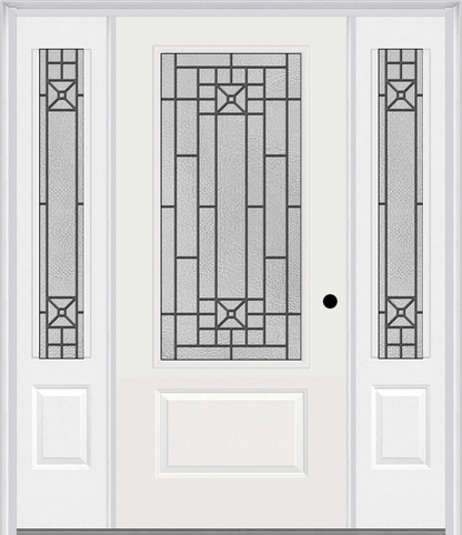 MMI 3/4 LITE 1 PANEL 6'8" FIBERGLASS SMOOTH COURTYARD NICKEL VEIN WROUGHT IRON EXTERIOR PREHUNG DOOR WITH 2 COURTYARD NICKEL VEIN WROUGHT IRON 3/4 LITE DECORATIVE GLASS SIDELIGHTS 608