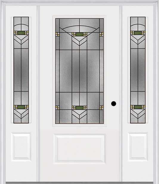 MMI 3/4 LITE 1 PANEL 6'8" FIBERGLASS SMOOTH GREENFIELD OIL RUBBED BRONZE EXTERIOR PREHUNG DOOR WITH 2 GREENFIELD OIL RUBBED BRONZE 3/4 LITE DECORATIVE GLASS SIDELIGHTS 608