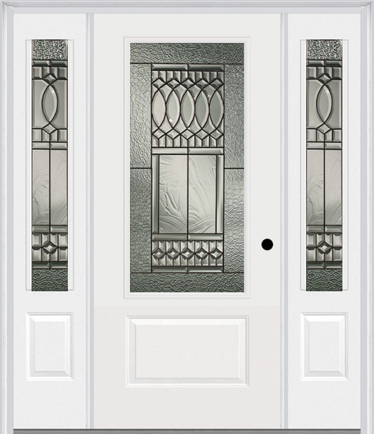 MMI 3/4 LITE 1 PANEL 6'8" FIBERGLASS SMOOTH PARIS PATINA EXTERIOR PREHUNG DOOR WITH 2 PARIS PATINA 3/4 LITE DECORATIVE GLASS SIDELIGHTS 608