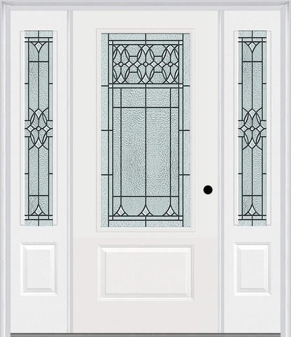 MMI 3/4 LITE 1 PANEL 6'8" FIBERGLASS SMOOTH SELWYN PATINA EXTERIOR PREHUNG DOOR WITH 2 SELWYN PATINA 3/4 LITE DECORATIVE GLASS SIDELIGHTS 608