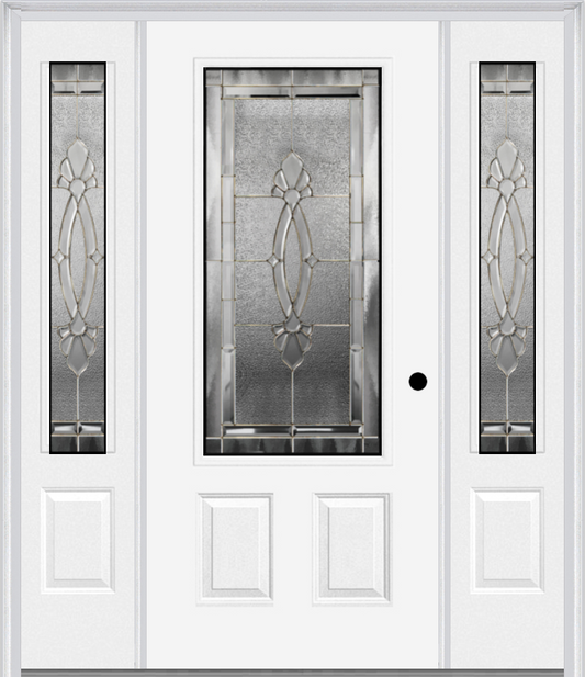 MMI 3/4 LITE 2 PANEL 6'8" FIBERGLASS SMOOTH BELAIRE ZINC EXTERIOR PREHUNG DOOR WITH 2 BELAIRE ZINC 3/4 LITE DECORATIVE GLASS SIDELIGHTS 607