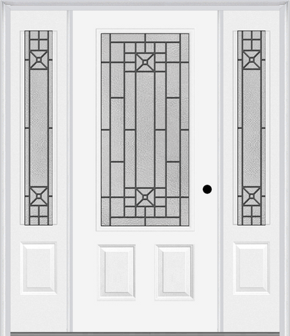 MMI 3/4 LITE 2 PANEL 6'8" FIBERGLASS SMOOTH COURTYARD NICKEL VEIN WROUGHT IRON EXTERIOR PREHUNG DOOR WITH 2 COURTYARD NICKEL VEIN WROUGHT IRON 3/4 LITE DECORATIVE GLASS SIDELIGHTS 607